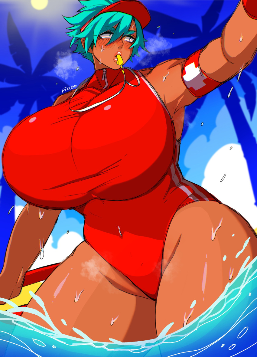 1girls blush female female_only green_hair headwear huge_breasts human in_water lifeguard light-skinned_female light_green_hair light_skin palm_tree picco sea solo solo_female steam swimsuit thick_thighs very_high_resolution whistle