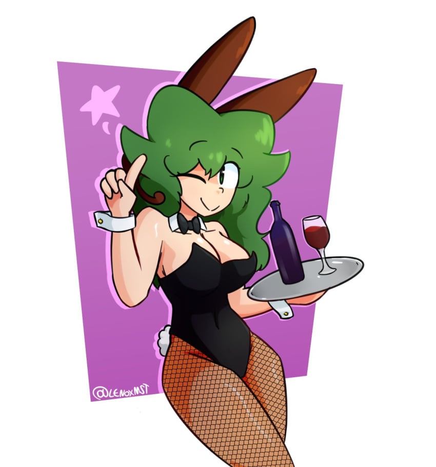 bunnysuit easter fishnets green_eyes green_hair lenoxmst medley_(lenoxmst) oc original_character wine winking_at_viewer