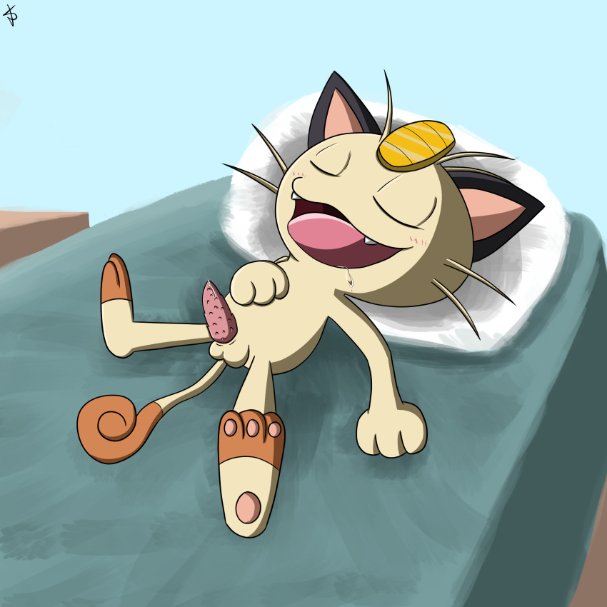 1boy anthro balls bed blush cat closed_eyes drooling erection fangs feline male male_only meowth nintendo open_mouth penis pillow pokémon_(species) pokemon precum shiromon999 sleeping solo tongue