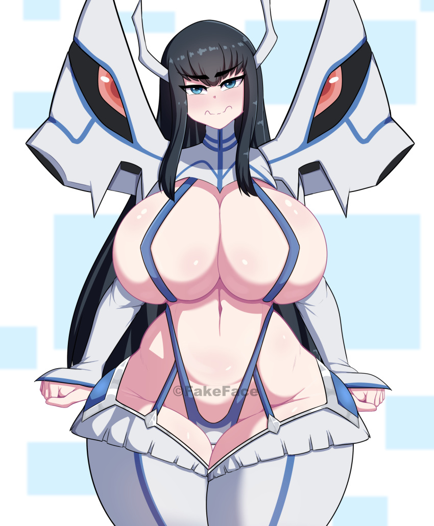 1girls 2022 annoyed artist_signature barely_clothed barely_contained black_hair blue_eyes breasts cleavage clenched_hands closed_hands commission cowboy_shot cropped_legs curvy dark_hair embarrassed fake_face female female_only front_view full_cleavage hi_res highleg highleg_panties hips huge_breasts junketsu kill_la_kill kiryuuin_satsuki long_hair looking_at_viewer love_handles navel navel_line shiny_hair shoulder_pads sleeves_past_wrists slim_waist sling_bikini solo straight_hair thick_thighs thigh_gap thighs vertical_navel wasp_waist watermark wide_hips