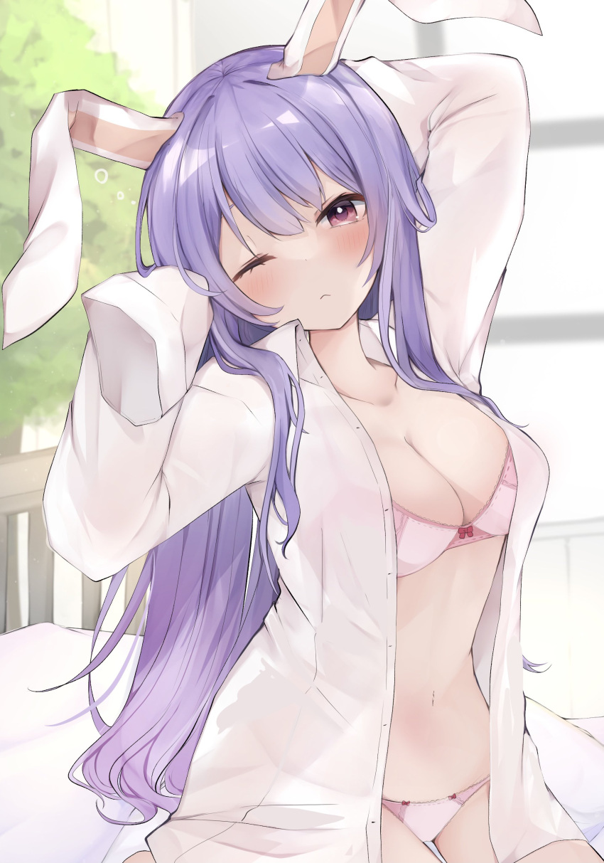 absurdres animal_ears bedroom blush bra breasts bunny_ears female female highres indoors karasusou_nano long_hair looking_at_viewer moon_rabbit one_eye_closed open_clothes panties purple_hair rabbit_ears red_eyes reisen_udongein_inaba solo touhou underwear very_long_hair waking_up