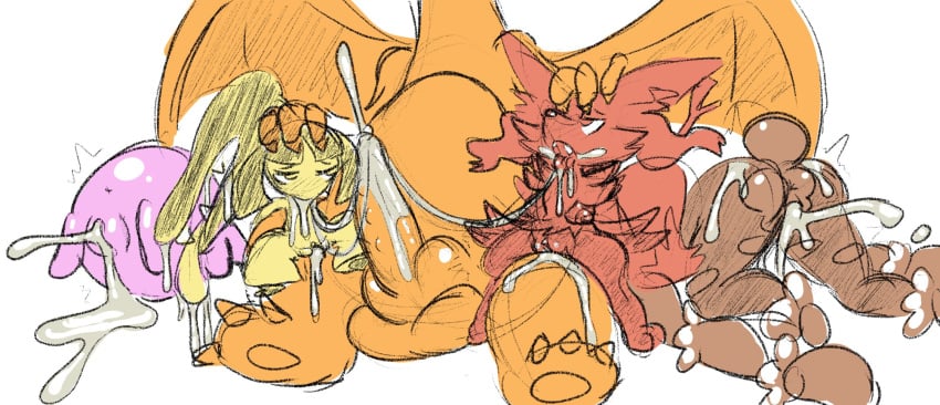 after_oral after_sex anthro ass balls big_penis bodily_fluids braixen brown_body charizard cum cum_everywhere cum_in_mouth cum_in_pussy cum_inside cum_on_butt cum_string dominant dominant_male ejaculation exhausted female feral fucked_silly genital_fluids genitals group hand_on_head hi_res interspecies jigglypuff knot larger_male leaking_cum lopunny male male/female mawile messy nintendo orange_body penis pink_body pokemon pokemon_(species) red_body shaking sitting sitting_on_leg size_difference skitter-leaf smaller_female trembling video_games yellow_body