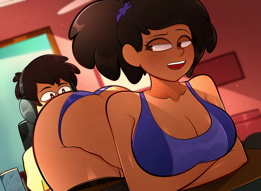 1boy 1girls 2022 5_fingers amphibia arkeus ass ass_on_face bee_boonchuy big_ass big_breasts black_body black_hair breasts brown_eyes brown_hair canon_couple dark-skinned_female dark-skinned_male dark_skin disney faceless_male fetish gym_uniform husband_and_wife inviting loving_couple male/female milf mr._boonchuy mrs._boonchuy naughty_face oum_boonchuy panties smooth_skin tagme