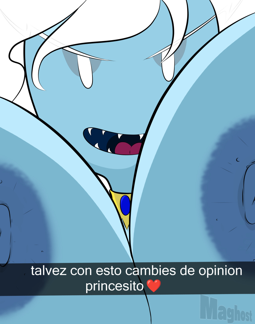 adventure_time adventure_time_distant_lands big_areola big_breasts big_nipples blue_skin fangs ice_queen ice_queen_(adventure_time) maghost selfie spanish_text