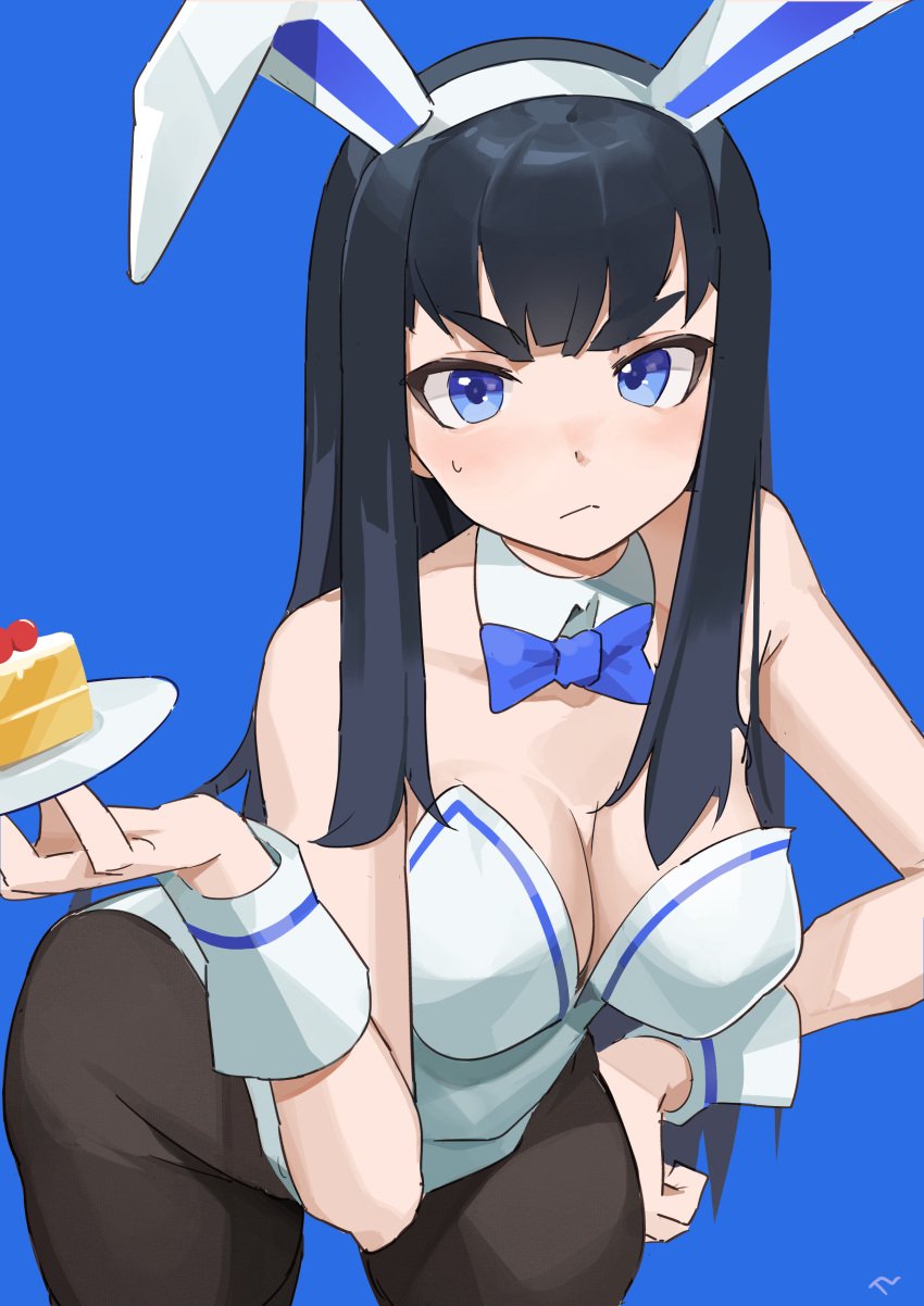 arched_back artist_request big_breasts black_hair blue_eyes blush blushing bowtie breasts bunny_ears bunny_girl bunnysuit cake cake_slice dark_hair food kill_la_kill kiryuuin_satsuki large_breasts light_blush serving_food thick thick_eyebrows thighs tlex022