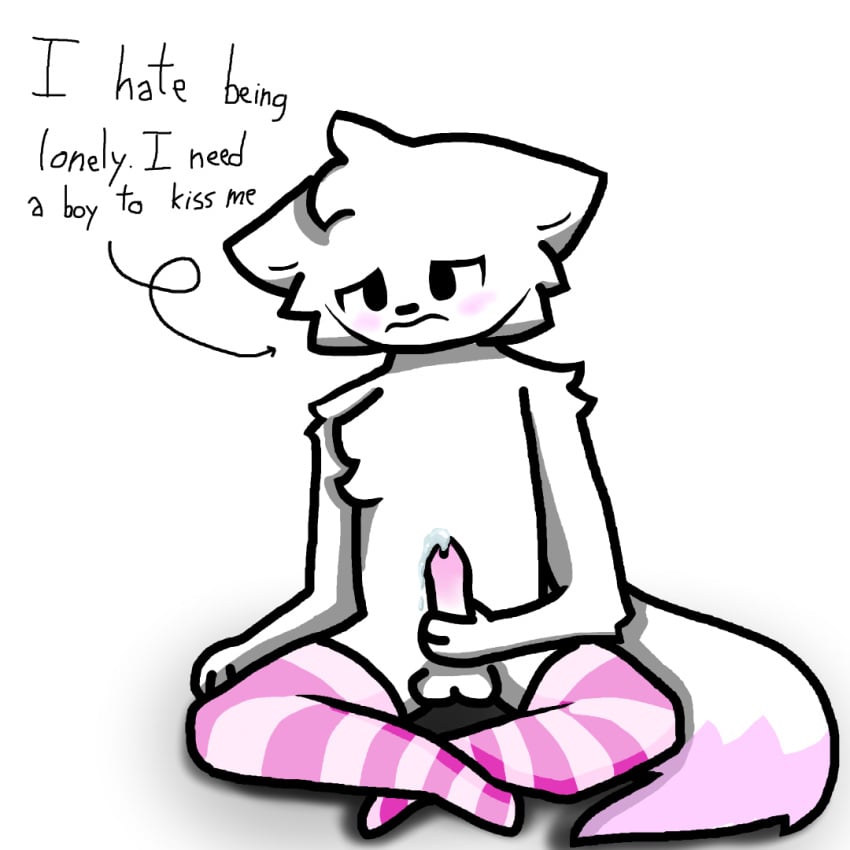 1boy black_eyes boykisser boykisser_(meme) cum cute english_text erection fluffy_fur furry indian_style lonely male mauzymice penis pink_legwear pink_socks programming_socks sad silly_cat_(mauzymice) solo solo_male thought_bubble white_fur womp_womp