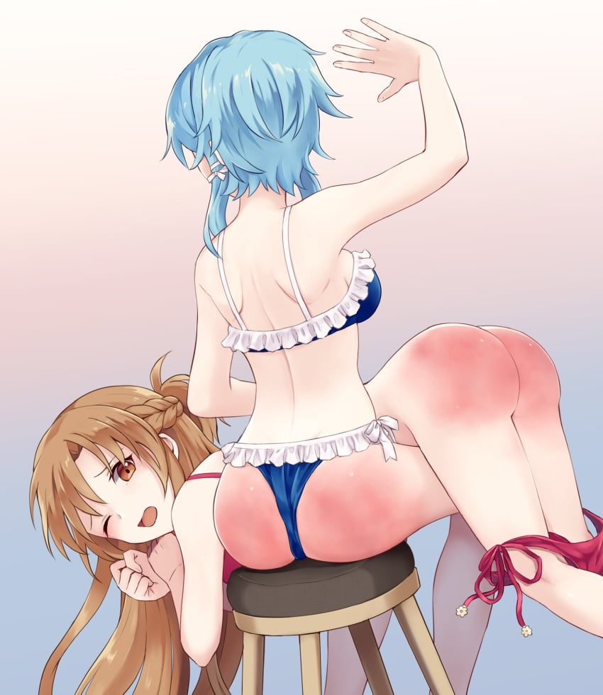 artist_name bare_ass bikini_bottom bikini_top brown_hair light_blue_hair long_hair one_eye_closed open_mouth sinon spanking spanking_marks sword_art_online yuuki_asuna