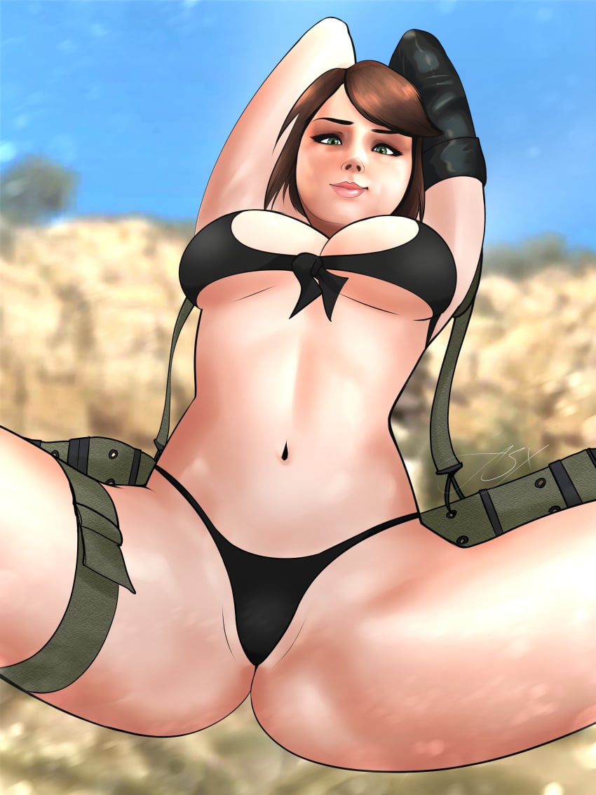 1girls alternate_version_available applespicex bra breasts brown_hair cleavage female female_only green_eyes hands_behind_head large_breasts looking_at_viewer looking_down metal_gear_solid metal_gear_solid_v navel outside panties quiet_(metal_gear) smile solo spread_legs straps thong underwear