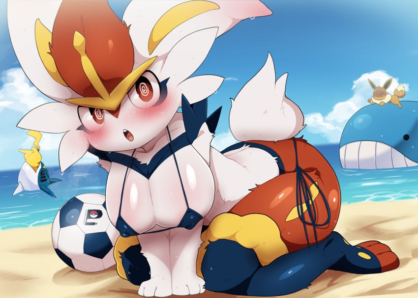 1girls @_@ anthro beach big_breasts bikini blush breasts bunny_ears bunny_girl cinderace dagasi eevee eye_contact female female_focus furry game_freak looking_at_viewer nintendo nipple_bulge pikachu pokémon_(species) pokemon pokemon_(game) pokemon_ss sharpedo thick_thighs thighs wailord white_body white_fur