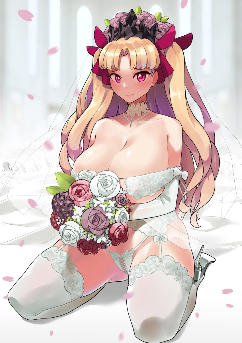 1girls 2022 alternate_breast_size blonde_hair blush bouquet breasts bride cleavage deity embarrassed ereshkigal_(fate) fate/grand_order fate_(series) female female_only flowers goddess hair_ornament heels hi_res hips holding_object huge_breasts indoors kneeling lingerie long_hair monkey_jon red_eyes slim_waist thick_thighs thighhighs thighs twintails veil wedding_lingerie white_lingerie wide_hips