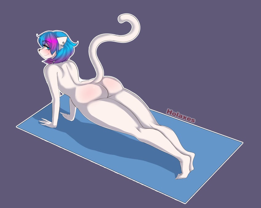 absurd_res anthro ass ass_blush athletic big_butt black_nose blue_eyes blue_hair blush domestic_cat ear_piercing felid feline felis female fur hair hi_res holaxes long_tail mammal multicolored_hair piercing pink_hair purple_hair rear_view solo white_body white_ears white_fur white_tail