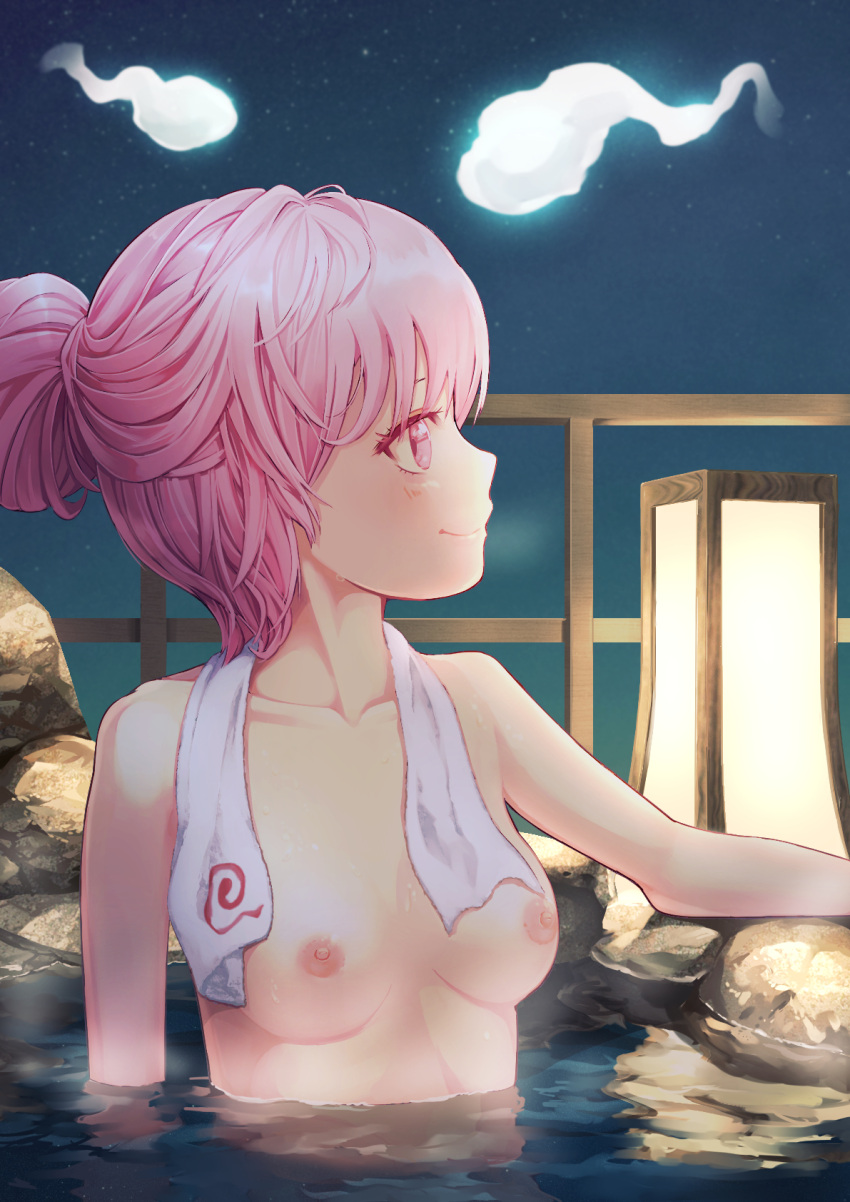 areolae bangs breasts collarbone female full_moon hair_bun highres looking_ahead medium_breasts moon night night_sky nipples no_hat no_headwear onsen partially_submerged pink_eyes pink_hair profile short_hair sky solo star_(sky) steam touhou towel upper_body water yawdeone yuyuko_saigyouji