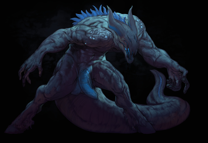 absurd_res anthro bluemantis bodily_fluids drooling eyeless fetlocks genitals glowing glowing_mouth hi_res hooves horn male monster muscular muscular_male nude penis saliva solo unknown_species