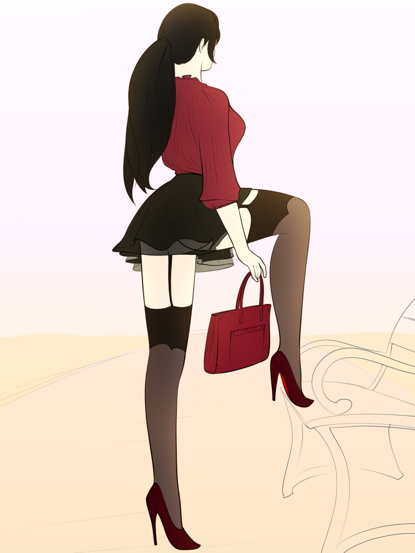 1girls applespicex ass back_view black_hair clothed faceless_female female female_only garter_straps heels long_hair looking_away melody_(applespicex) one_leg_up original original_character outside ponytail purse skirt solo stockings