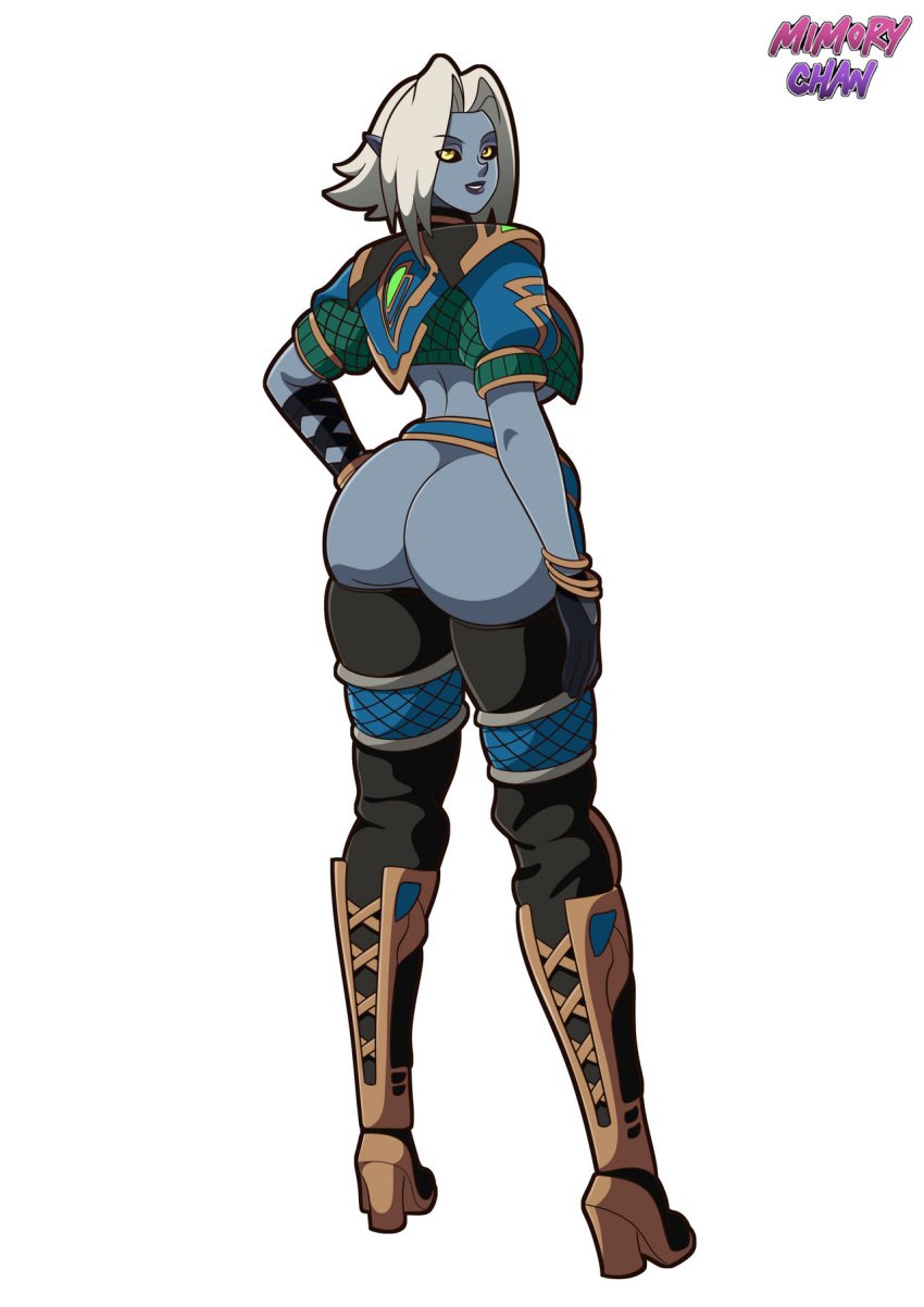 1girls 2d ass black_pants blue-skinned_female blue_skin elf elf_ears female female_focus female_only high_heels looking_at_viewer mimorychan mooning paladins pointy_ears saati_(paladins) solo thick_ass white_background yellow_eyes