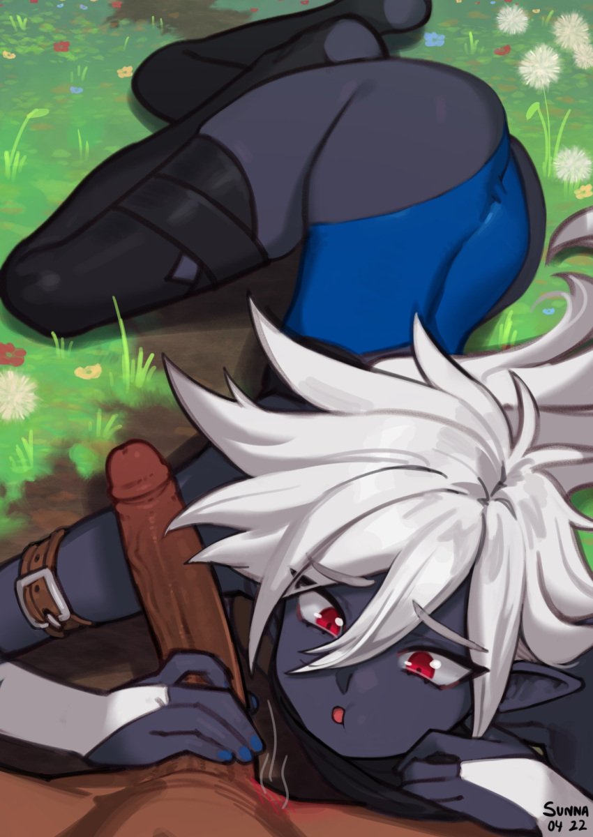 1boy 1boy1girl 1girls artist_name bangs black_legwear black_skin blue_nails bridal_gauntlets colored_skin dark-skinned_male dark_elf dated drow elf elfheim erection eyebrows_visible_through_hair female hair_between_eyes highres human interracial interspecies leotard long_hair lying male_human/female_elf nilsunna on_side original penis penis_grab pointy_ears red_eyes solo_focus straight sunna_(nilsunna) thighhighs uncensored white_hair