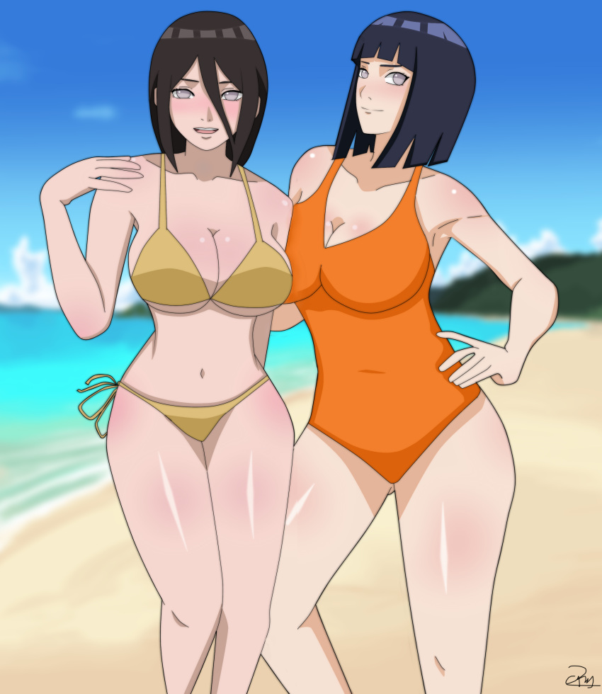 2girls agung911 beach big_breasts bikini bikini_bottom bikini_top blush bob_cut boruto:_naruto_next_generations brown_hair busty cleavage clothed clothed_female clothes clothing female female_focus female_only fully_clothed gold_bikini gold_panties gold_swimsuit hyuuga_hanabi hyuuga_hinata large_breasts legs light-skinned_female light_skin looking_at_viewer mature mature_female medium_hair milf naruto naruto_(series) ocean one-piece_swimsuit open_mouth orange_swimsuit outdoors outside pale-skinned_female pale_skin pinup pose posing purple_eyes revealing_clothes shoulder_length_hair shounen_jump sideboob sisters smile smiling standing swimsuit thighs underboob voluptuous wide_hips