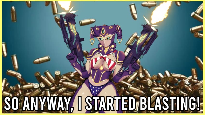 american_flag bikini blue_eyes breasts bullet guns mirage_(warframe) mrwarframeguy spacewaifuart text thumbnail warframe