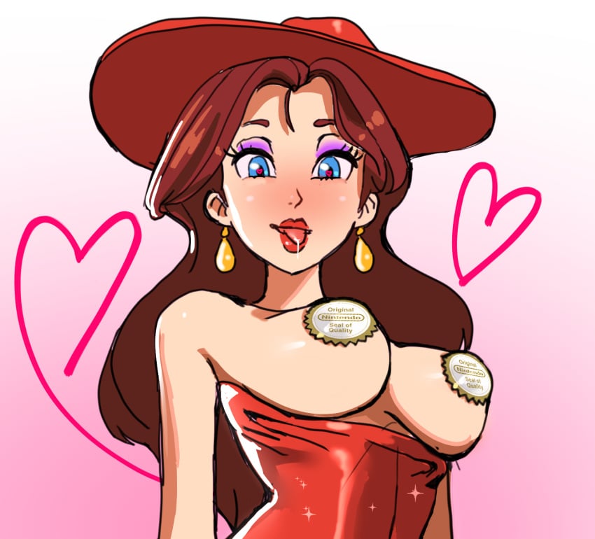 1girls blue_eyes breasts breasts_out brown_hair covered_nipples dress dress_down hat heart-shaped_pupils long_hair mario_(series) pasties pauline sunbeam_(artist) super_mario_odyssey tongue tongue_out