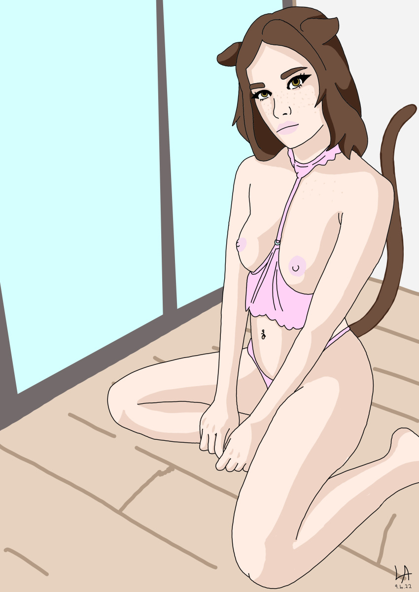 awaiting belly_piercing bored breasts brown_hair cat_ears cat_girl cat_humanoid cat_tail catgirl dmsketch94 freckles green_eyes human kitten kittenplay nipples pink_outfit pink_top tail toy white_skin