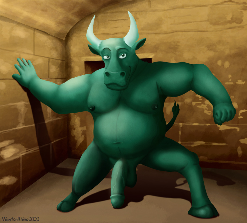 anthro belly bovid bovine brick cattle clay detailed_background ears_up erection european_mythology eyebrows fist genitals goo_creature greek_mythology green_body green_eyes hi_res hooves horn labyrinth looking_at_viewer male mammal maze minotaur moobs mythology navel nipples open_palm overweight overweight_anthro overweight_male penis raised_eyebrow shadow simple_background smile solo tail_tuft tuft wontonrhino yellow_background