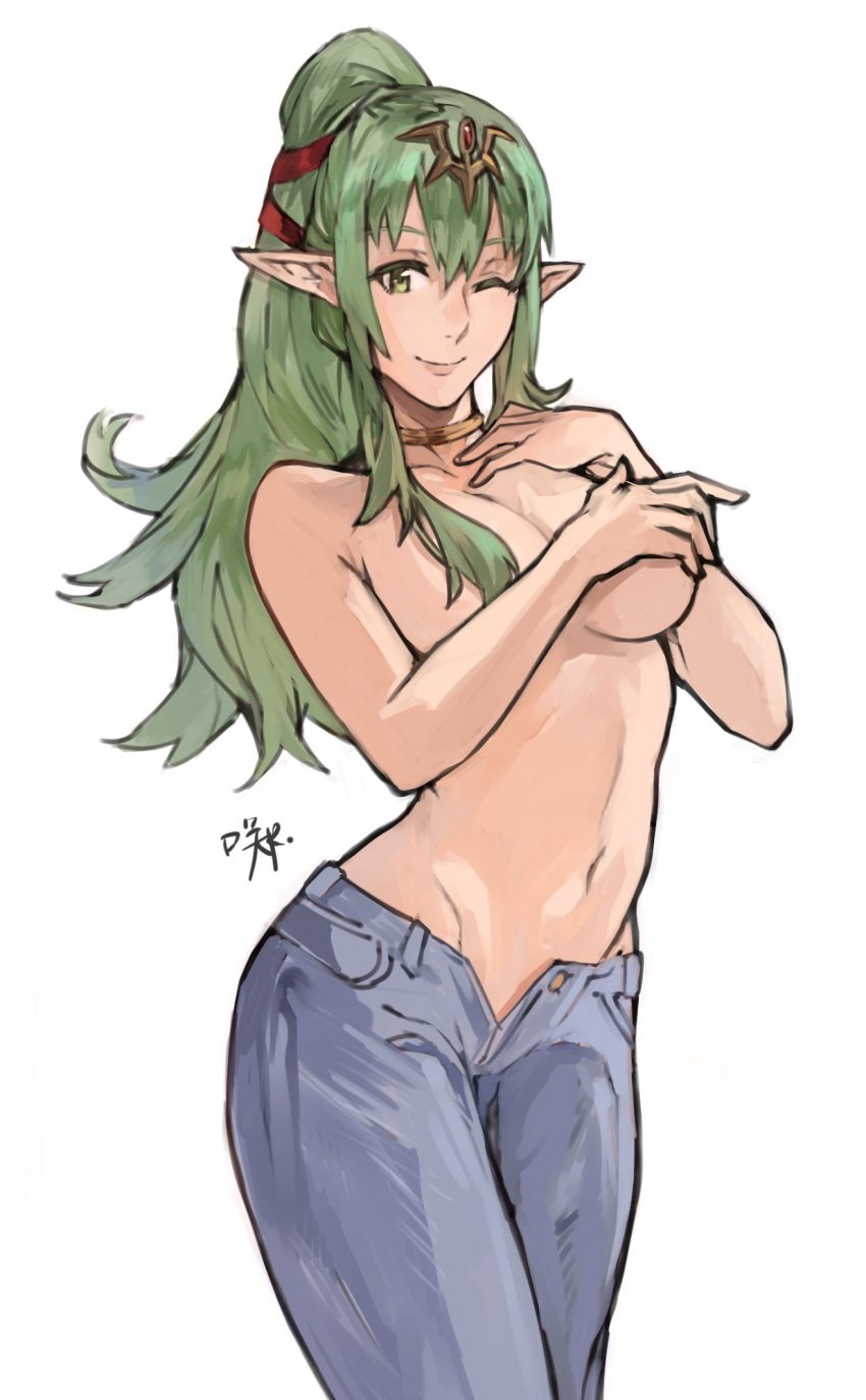 1girls ;) belly big_breasts breasts casual casual_clothes casual_clothing collarbone confident covering covering_breasts denim female female_focus female_only fire_emblem fire_emblem_awakening fire_emblem_heroes green_eyes green_hair hair_ornament hand_bra handbra highres human human_focus human_only jeans large_breasts light-skinned_female light_skin long_hair looking_at_viewer midriff navel nintendo one_eye_closed pants pointy_ears ponytail sakuremi signature simple_background smile smiling solo solo_female solo_focus stomach tiara tiki_(adult)_(fire_emblem) tiki_(fire_emblem) topless topless_female topless_jeans white_background wink winking