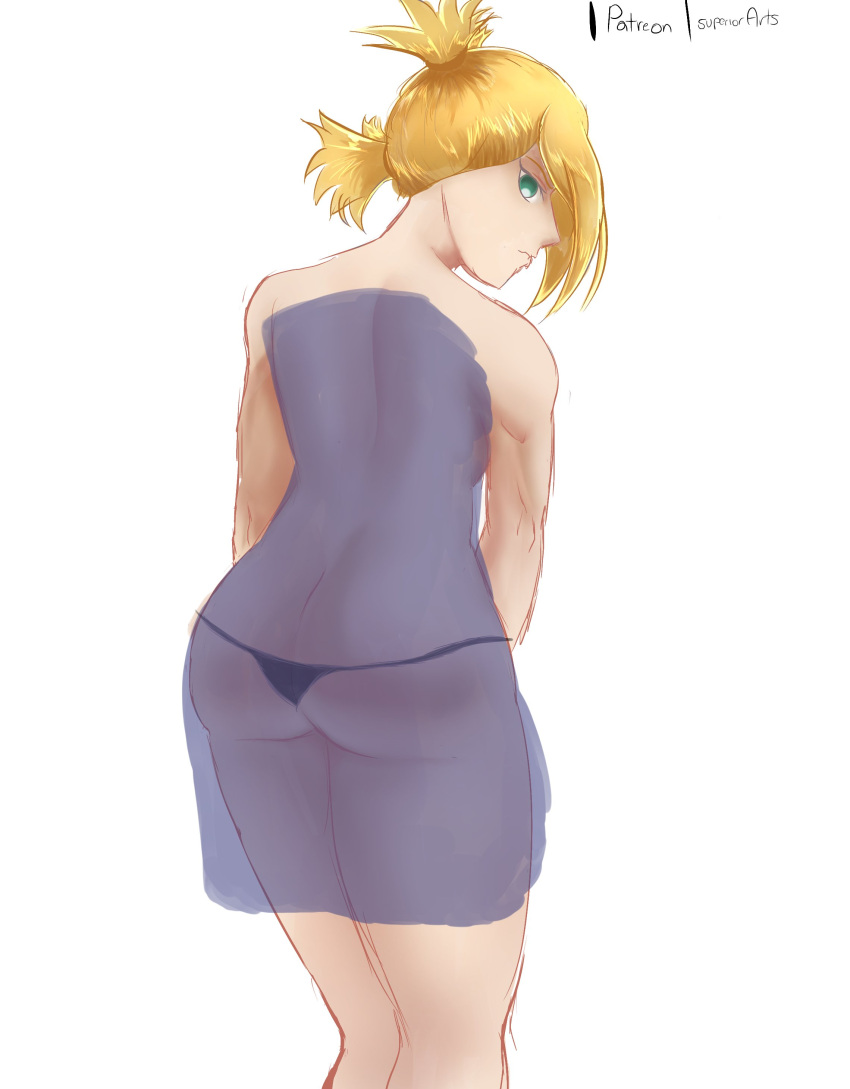 1girls ass ass ass_focus blonde_hair blue_panties blue_thong boruto:_naruto_next_generations bubble_ass bubble_butt dat_ass female female_focus female_only g-string looking_at_viewer looking_back mature mature_female milf naruto naruto_(series) panties pose posing see-through see-through_clothing shounen_jump solo solo_female solo_focus standing superiorarts temari thong tied_hair twintails voluptuous