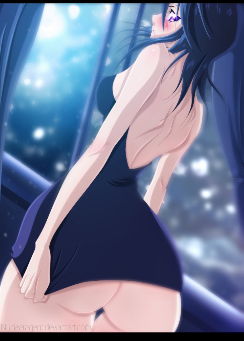 1girls ass back_muscles back_view backless backless_dress backless_outfit bare_arms bare_back bare_shoulders big_ass black_hair bleach blush breasts covering covering_self dress dress_pull dress_tug embarrassed female female_only from_behind indoors kuchiki_rukia light-skinned_female light_skin long_hair medium_breasts minidress moonlight no_bra no_panties nuclearagent perky_breasts petite purple_eyes rear_view revealing_clothes sideboob skimpy skimpy_clothes snow snowing solo solo_female solo_focus standing thick_thighs underass window