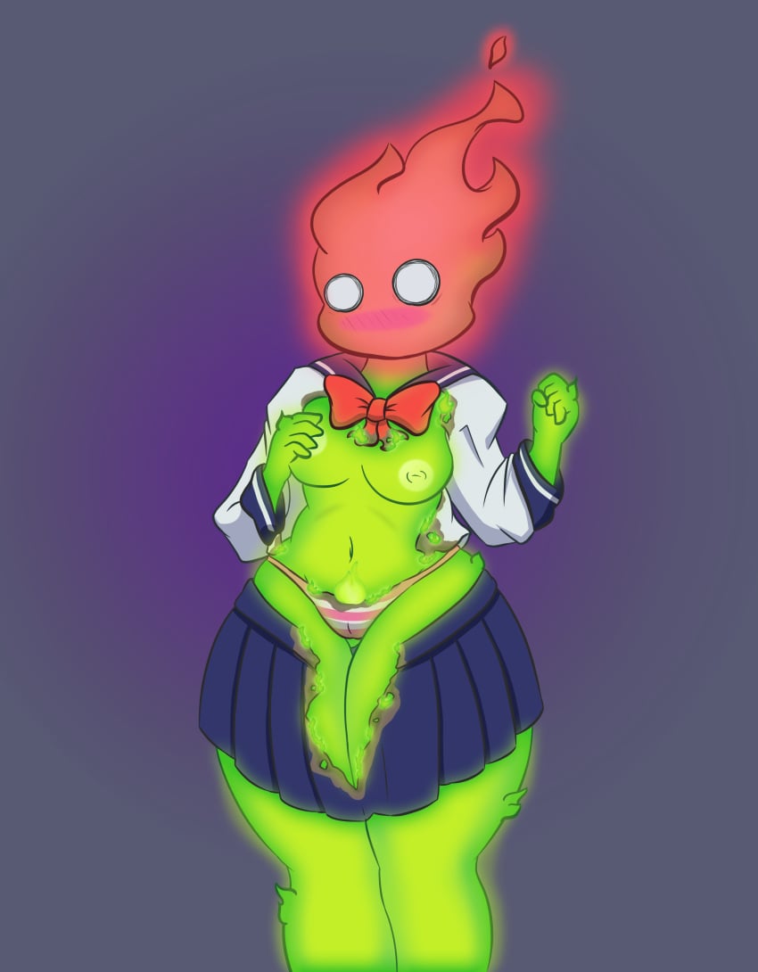 accidental_exposure almost_naked blush breasts burned_clothing color colored covering embarrassed embarrassed_nude_female female female_focus female_only fire fire_elemental fockin-jack-olantern fuku_fire green_body green_fire green_nipples green_skin panties purple_background school_uniform schoolgirl shaded shimapan skirt skirt_lift thick_thighs undertale wide_eyed wide_hips