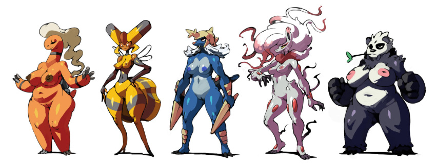 5girls anthro anthrofied armor arthropod_abdomen big_breasts bittenhard black_body black_fur blue_body blue_fur blue_nipples breasts brown_nipples closed_eyes curvy_figure dual_wielding female female_only fur furry genitals group headgear helmet hi_res hisuian_zoroark holding_object holding_weapon insect_wings large_breasts mature_anthro mature_female melee_weapon muscular muscular_anthro muscular_female nintendo nipples nude orange_body pangoro pink_nipples pokémon_(species) pokemon pokemon_(species) pokemon_legends:_arceus pussy regional_form_(pokemon) samurott simple_background slightly_chubby small_waist stocky sword tail thick_thighs tiptoes torkoal vespiquen video_games voluptuous weapon white_background white_body white_fur wide_hips wings yellow_body zoroark