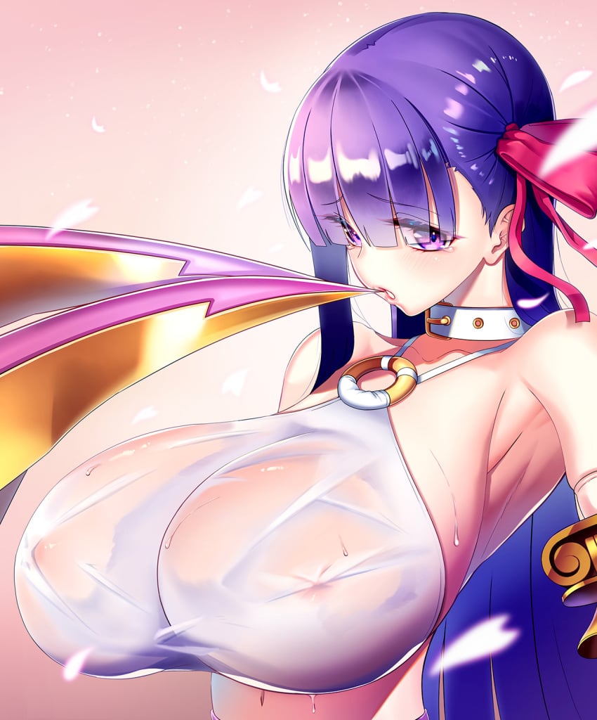 1girls 2020 aka_syakkou armpits bare_shoulders bow breasts claws clothing collar detached_sleeves erect_nipples erect_nipples_under_clothes eyebrows_visible_through_hair eyes_visible_through_hair fate/extra fate/extra_ccc fate/grand_order fate_(series) female female_only finger_to_mouth hair_ribbon highres huge_breasts lips long_hair looking_at_viewer matching_hair/eyes midriff navel nipple_bulge nipples_visible_through_clothing o-ring o-ring_top passion_lip pink_background purple_eyes purple_hair ribbon see-through see-through_clothing sideboob solo sweat tears teeth wet wet_clothes