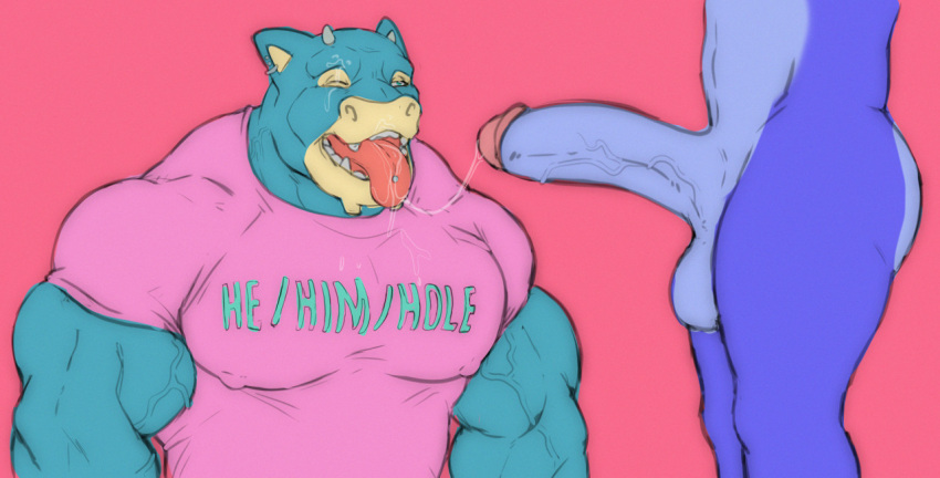 abstract_background animal_humanoid anthro balls bara_tiddies bara_tits big_chest big_pecs bodily_fluids boner clothing cum cum_on_face cum_string dragon duo ear_piercing ear_ring english_text erection genital_fluids genitals gigantic_chest gigantic_pecs half-erect huge_chest huge_pecs humanoid large_pectorals male male/male male_only man_boobs man_breasts massive_chest massive_pecs moobs muscular muscular_male nude one_eye_closed open_mouth penis piercing pink_background pink_clothing pink_shirt pink_topwear shirt simple_background t-shirt text tongue tongue_out tongue_piercing topwear tylerstark unknown_species