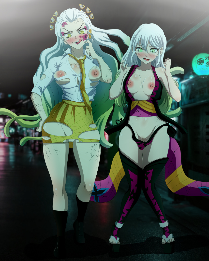 2girls accidental_exposure alternate_universe big_breasts blush city_background crossover daki_(kimetsu_no_yaiba) demon_girl demon_slayer dual_persona ed-jim exhibitionism exposed_breasts exposed_pussy facial_mark female female_only gradient_hair kimetsu_no_yaiba long_hair modern_au multiple_girls multiverse open_clothes open_mouth pale_skin public public_nudity pussy school_uniform schoolgirl shabana_ume shy smile torn_clothes torn_clothing two_tone_hair wardrobe_malfunction white_hair yuri