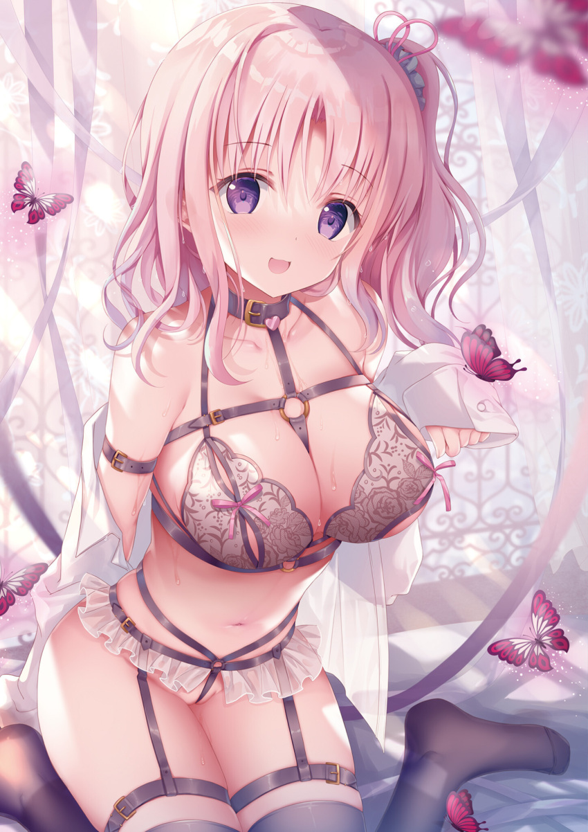 :3 :d armband bangs bare_shoulders black_collar black_legwear blush bra breasts bug butterfly collar collarbone day dengeki_moeou dress_shirt eyebrows_visible_through_hair female garter_straps hair_ribbon harness highres indoors insects lace lace_bra large_breasts long_hair long_sleeves looking_at_viewer navel nipple_cutout no_panties o-ring one_side_up open_clothes open_mouth open_shirt original pink_hair purple_eyes ribbon shirt sitting skindentation sleeves_past_wrists smile solo sousouman stomach thighhighs underwear wariza white_shirt