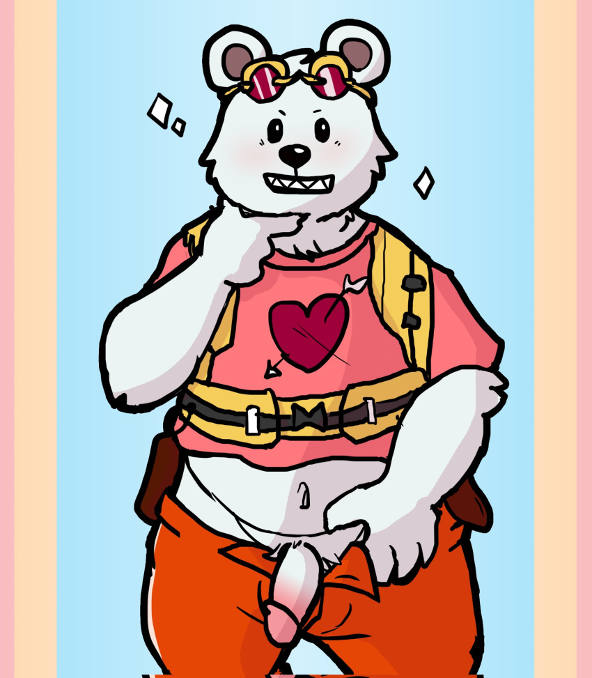 2022 anthro bepo biped black_nose blush clothing genitals heart hi_res humanoid_genitalia humanoid_hands humanoid_penis kayadult male male_focus male_only mammal minkmen_(one_piece) one_piece penis polar_bear shirt slightly_chubby solo solo_male topwear ursid ursine white_body