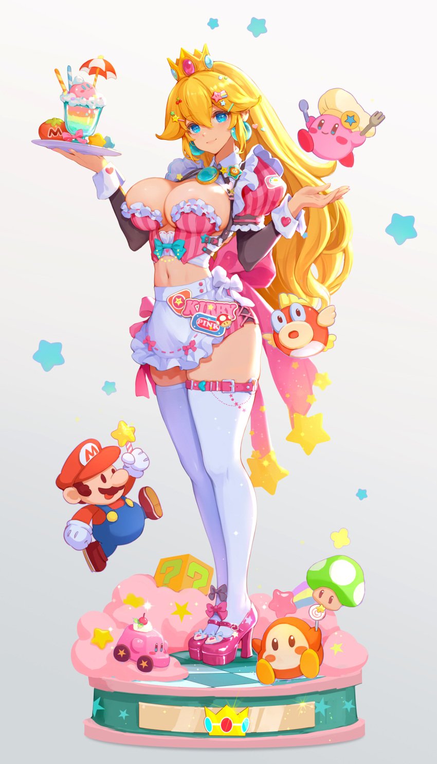 1up_mushroom blonde_hair blue_eyes cheep_cheep cleavage crossover earrings kirby kirby_(series) large_breasts looking_at_viewer maid maid_outfit maid_uniform mario mario_(series) midriff miniskirt mushroommirror no_bra no_panties pink_high_heels princess_peach serving shiny_skin smiling standing super_mario_bros. thick_thighs thighhighs thighs uncensored very_long_hair waddle_dee white_legwear white_stockings zettai_ryouiki