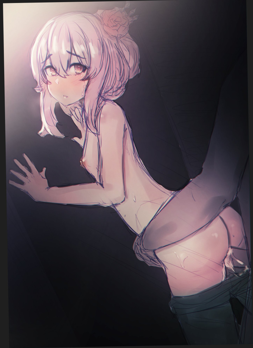 ass cum cum_dripping cum_inside flower_in_hair hair_ornament neroshi nijisanji nijisanji_en pants_down pink_hair red_eyes rose_(flower) rosemi_lovelock sex sex_from_behind sideboob small_breasts sweat topless virtual_youtuber