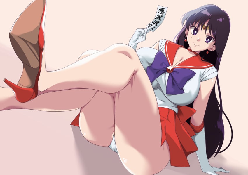 163_(shiromeshi) 1girls ass bishoujo_senshi_sailor_moon choker cleavage clothing commission diadem earrings elbow_gloves female female_only gloves high_heels jewelry large_breasts long_hair looking_at_viewer magical_girl ofuda panties purple_eyes red_choker red_footwear red_sailor_collar red_skirt rei_hino sailor_collar sailor_mars sailor_senshi sailor_senshi_uniform shoes simple_background skeb_commission skirt smile solo star_(symbol) star_earrings thighs tiara underwear upskirt very_long_hair white_gloves white_panties