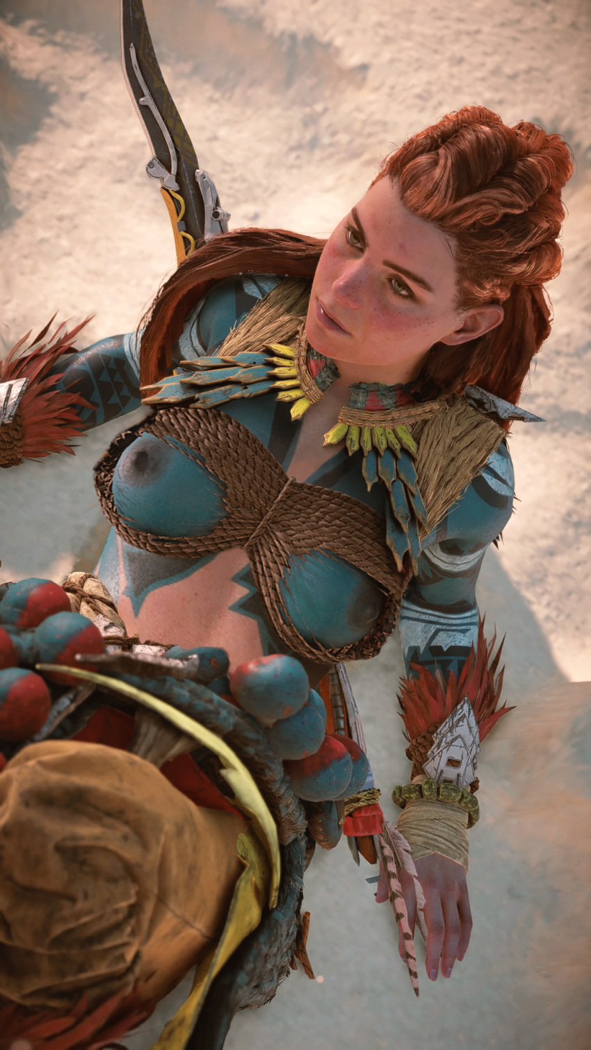 1girls 3d accurate_art_style aloy alternate_costume areolae bodypaint braided_hair breasts canon clipping female female_only glitch horizon_forbidden_west horizon_zero_dawn medium_breasts midriff nipples official_art official_style orange_hair outdoors outside painted_breasts playstation posing red_hair solo sony_interactive_entertainment tribal video_games