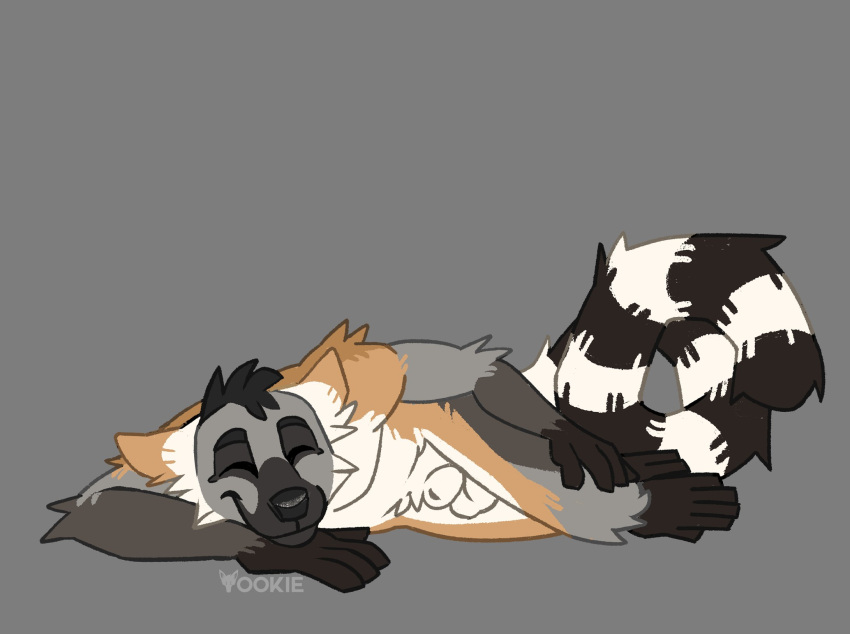 animal_genitalia anthro balls biped black_body black_eyebrows black_fur black_hair black_nose black_stripes black_tail cheek_tuft closed_eyes dipstick_ears elbow_tufts eyebrows facial_tuft fully_sheathed fur genitals gloves_(marking) grey_background hair hand_on_leg hi_res leg_markings male markings multicolored_ears sheath short_hair shoulder_tuft signature simple_background sleeping smile socks_(marking) solo striped_markings striped_tail stripes tail_markings tan_body tan_ears tan_fur tuft white_balls white_body white_ears white_fur white_sheath white_stripes white_tail yookie