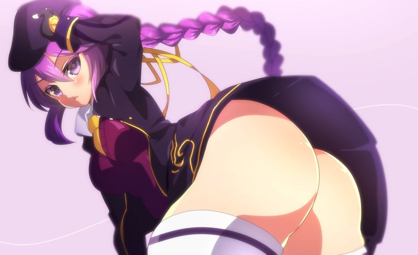 1girls artist_request ass bent_over beret big_ass big_breasts big_butt blush braid bubble_butt busty eltnum fat_ass female female_butt female_only fully_clothed hat large_breasts long_hair looking_at_viewer looking_back melty_blood no_panties purple_eyelashes purple_eyes purple_hair sensual single_braid sion_eltnam_atlasia solo thick_thighs thighhighs tsukihime type-moon under_night_in-birth upskirt white_thighhighs