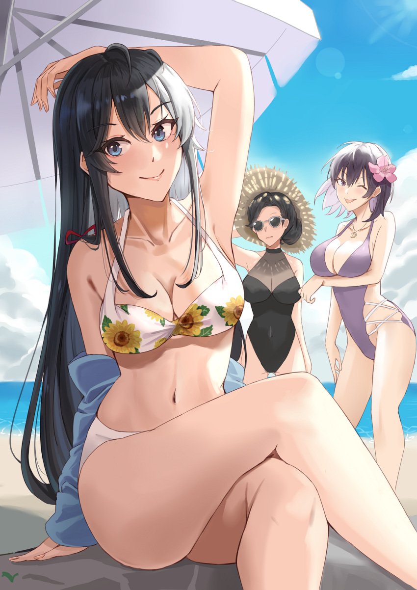 3girls alluring beach big_breasts black_hair blue_eyes breasts happy_female high_res looking_at_viewer milf mother_and_daughter multiple_girls my_teen_romantic_comedy_snafu ocean siblings sisters smile smiling_at_viewer smodzz swimsuit wink yukinoshita_haruno yukinoshita_yukino yukinoshita_yukino's_mother