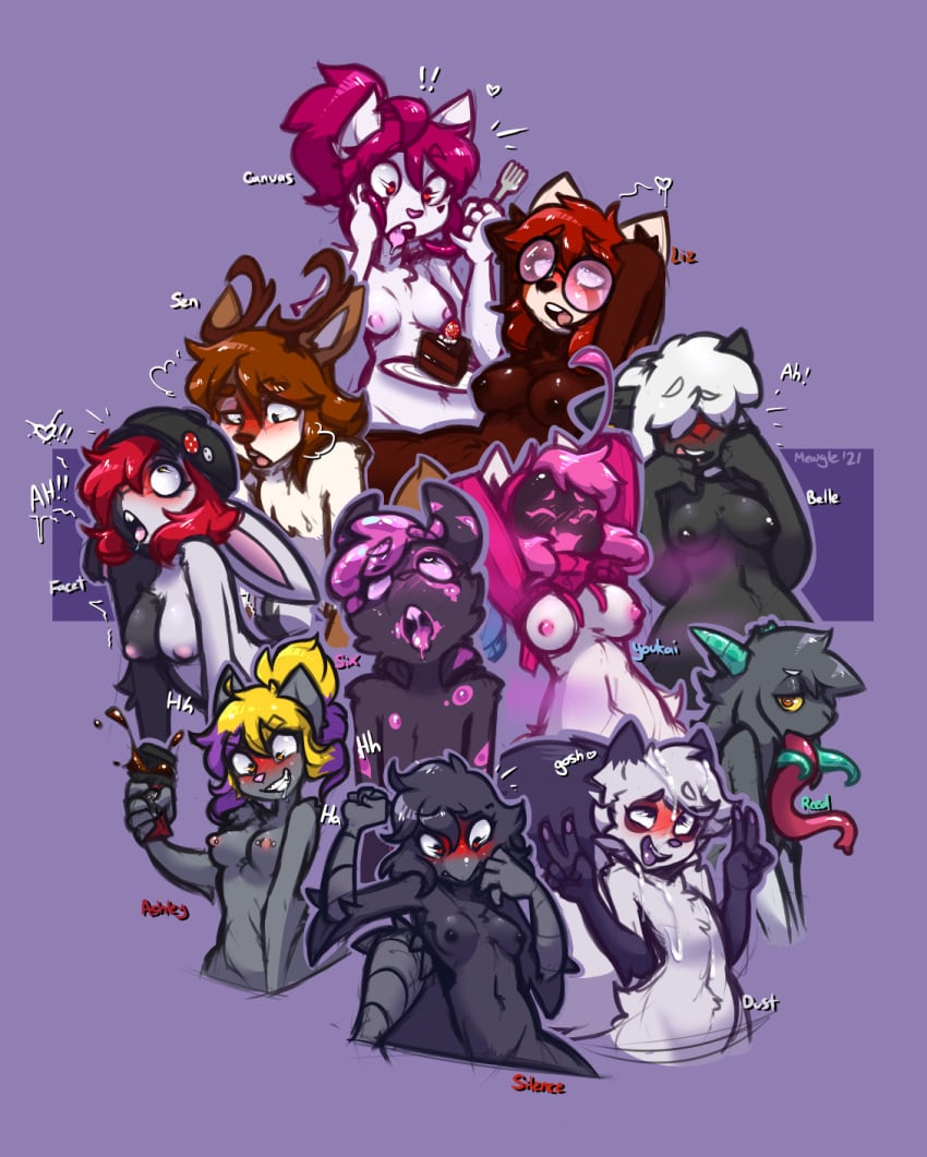 5_fingers ahe_gao ailurid alpaca anthro anthro_on_anthro ashley_(mewgle) avian beak belle_(mewgle) beverage bird black_body black_fur black_hair blonde_hair blush bodily_fluids bovid breasts breath brown_body brown_fur brown_hair buckteeth cake camelid canid canine canvas_(mewgle) capreoline caprine cervid clenched_teeth closed_eyes clothing coffee corvid corvus_(genus) crow cum cum_on_body cum_on_face cutlery dessert domestic_cat dust_(mewgle) eye_roll eyewear facet_(mewgle) felid feline felis female fingers food fork fox fruit fur genetic_chimerism genital_fluids gesture glasses goat goo_creature grey_body grey_fur group hair hat headgear headwear heart hi_res hybrid kitchen_utensils lagomorph leporid liz_(mewgle) looking_pleasured male male/female mammal membrane_(anatomy) mewgle nipple_piercing nipples open_mouth orange_eyes oscine passerine piercing pink_hair plant purple_eyes purple_hair rabbit red_eyes red_hair red_panda reed_(mewgle) reindeer saliva screen screen_face sen_(mewgle) sex sheep silence_(mewgle) simple_background six_(mewgle) strawberry suggestive sweater teeth tentacle text tongue tongue_out tools topwear v_sign white_body white_fur white_hair yellow_eyes youkai_(mewgle)