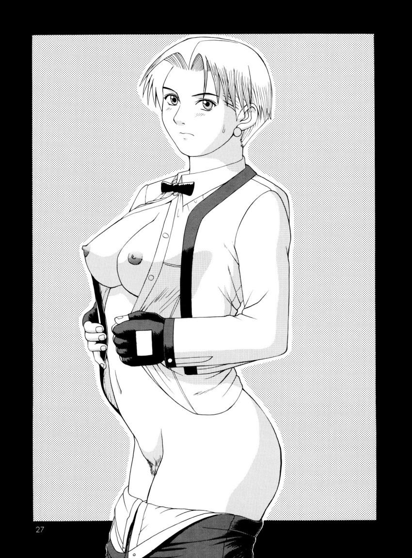 1girls art_of_fighting ass big_breasts black_and_white blush bowtie breasts breasts_out breasts_outside censor_bar clothes female female_only female_pubic_hair fingerless_gloves king_(snk) king_of_fighters page_27 pants_down partially_clothed perky_breasts pussy saigado shirt short_hair snk solo solo_female sweat unbuttoned_shirt vagina