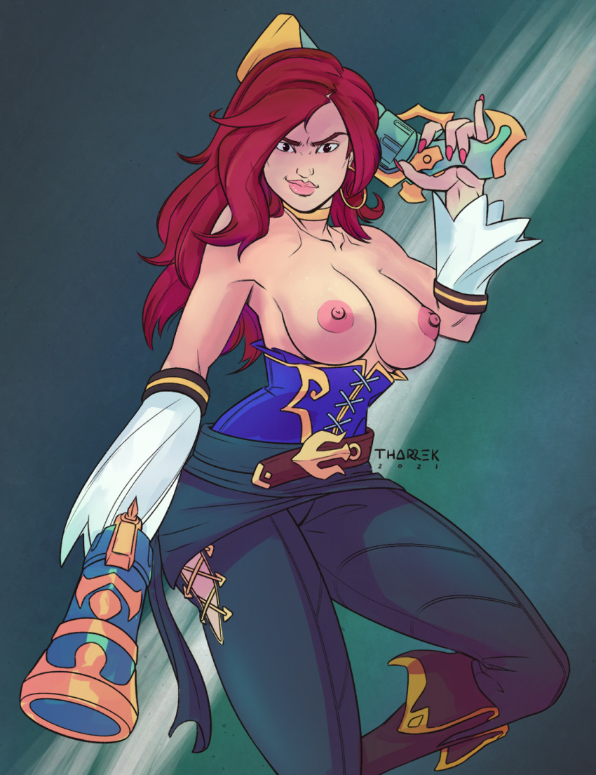 1girls big_breasts breasts breasts_out clothed clothing female female_only league_of_legends light-skinned_female light_skin miss_fortune nipples red_hair seductivesquid smile tharrek topless