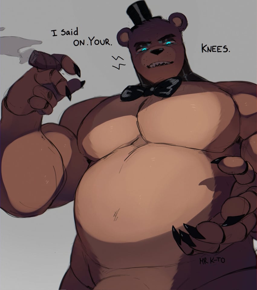 2022 animatronic anthro artist_name bara beefy belly biceps big_penis bow_tie brown_body brown_fur cigar claws clothing daddy dialogue digital_media_(artwork) dominant english_text eyeshadow fingers five_nights_at_freddy's freddy_(fnaf) fur genitals grey_background hat headgear headwear hi_res kato200_0 looking_at_viewer machine makeup male male_only mammal manly multicolored_body multicolored_fur musclegut muscular muscular_anthro muscular_male nude pecs penis robot scottgames signature simple_background slightly_chubby solo standing sub_pov talking_to_viewer teal_eyes teeth text top_hat tough_guy two_tone_body two_tone_fur ursid verbal video_games