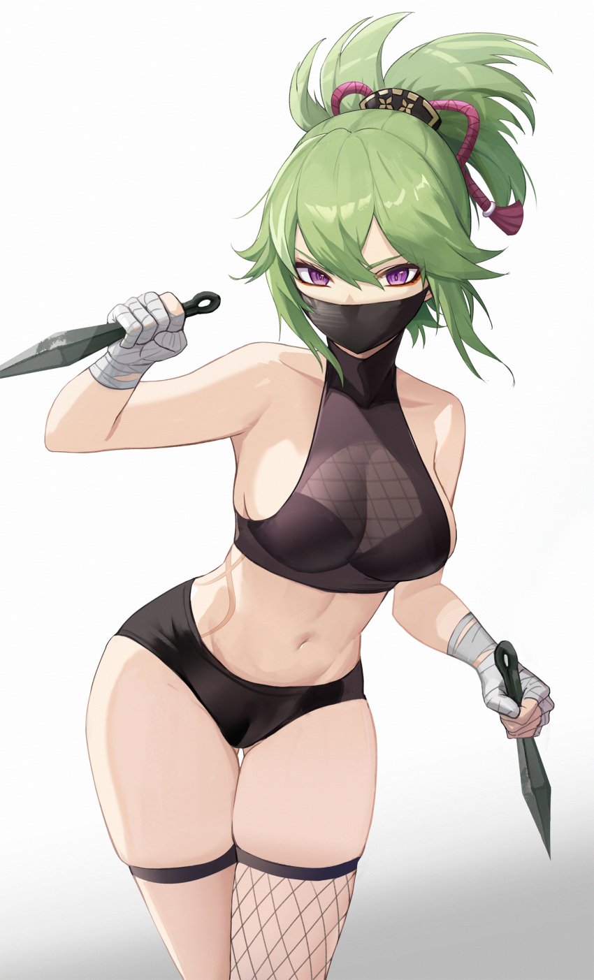 1girls bandage chabenmus female female_only fishnets genshin_impact green_hair kuki_shinobu kunai kunoichi looking_at_viewer medium_breasts midriff mouth_mask navel ninja purple_eyes solo solo_female thick_thighs thigh_strap thighs white_background