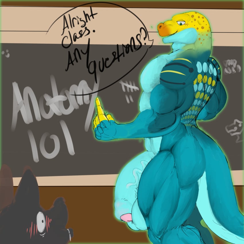 2022 ambiguous_gender anthro anthro_on_anthro ass balls biceps big_balls big_muscles big_penis blue_body blue_scales blush blush_lines bodily_fluids chalk chalkboard classroom collared_lizard common_collared_lizard deltoids dialogue digital_drawing_(artwork) digital_media_(artwork) drooling duo embarrassed english_text foreskin genitals gesture green_eyes grin hamstrings hi_res huge_balls huge_cock humanoid_genitalia humanoid_penis hyper hyper_genitalia hyper_penis inside kyain lizard looking_at_another looking_at_genitalia looking_at_penis male monroe_lehner muscular muscular_anthro muscular_male orange_body orange_scales partially_retracted_foreskin pecs penis public public_nudity quads reptile saliva scales scalie school shaded silhouette smile smiley_face soft_shading solo_focus student tally_marks teacher teacher_and_student text thick_penis yellow_body yellow_scales