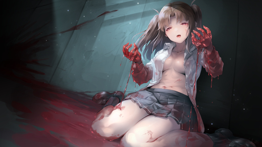 blood blood_stain brown_hair fangs female female_only guro hakumare loafers looking_at_viewer medium_breasts medium_hair nipples_visible_through_clothing no_bra open_shirt pleated_skirt red_eyes school_uniform see-through_clothing sitting solo tsukihime twintails type-moon usuki98 vampire wariza yumizuka_satsuki