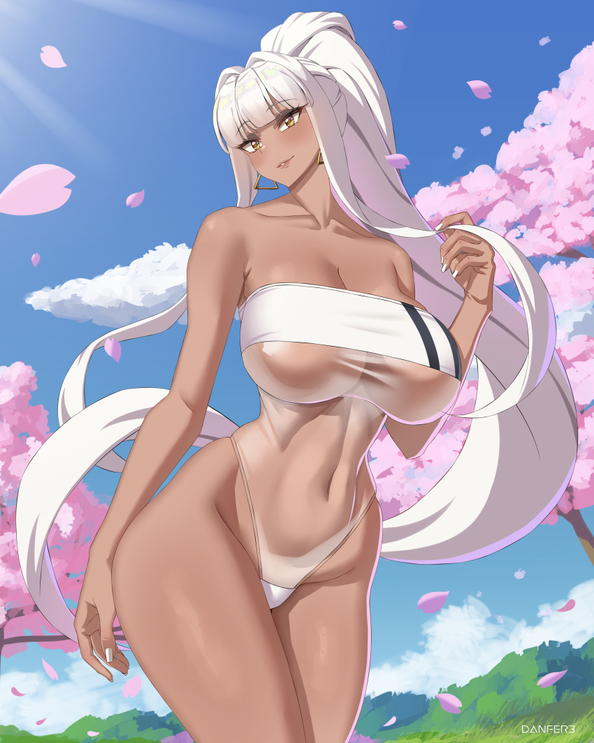 1girls absurdres bangs bare_shoulders blue_sky blunt_bangs blush breasts cherry_blossoms cleavage cloud covered_navel danfer3 dangle_earrings dark-skinned_female dark_skin earrings eyebrows_visible_through_hair eyeshadow falling_petals female gris_swimsuit high_ponytail highleg highleg_swimsuit highres jewelry large_breasts long_hair makeup meme_attire nail_polish navel original parted_lips petals see-through sidelocks sky smile solo swimsuit very_long_hair white_hair white_nails yellow_eyes